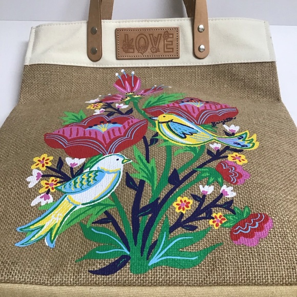 Brighton Lovebirds Floral Jute Canvas w/Leather Handles Tote Bag NEW - Picture 2 of 16
